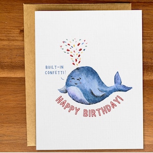 Tarjeta de cumpleaños con ballena azul y confeti, linda tarjeta de feliz cumpleaños con temática del océano, tarjeta de animal marino hecha a mano con acuarela, juego de tarjetas de cumpleaños, interior en blanco
