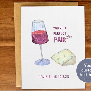 Tarjeta de boda personalizada para amantes del vino, linda tarjeta de boda con vino y queso, tarjeta de despedida de soltera personalizada, tarjeta de compromiso hecha a mano con acuarela