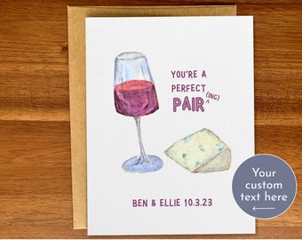 Biglietto di nozze personalizzato per gli amanti del vino, grazioso biglietto di nozze con vino e formaggio, biglietto personalizzato per la festa nuziale, biglietto di fidanzamento con acquerello fatto a mano