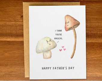 Cute Father&#39;s Day card, Funny card for dad, Sweet dad mushroom with kid, Magic mushrooms pun, Handmade happy fathers day watercolor card