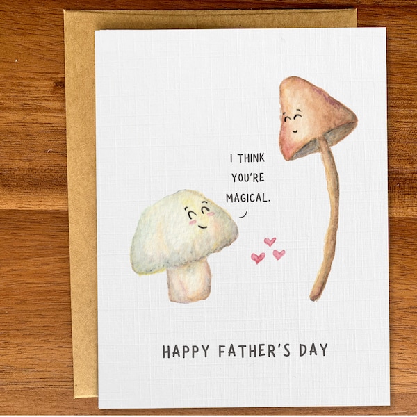 Cute Father's Day card, Funny card for dad, Sweet dad mushroom with kid, Magic mushrooms pun, Handmade happy fathers day watercolor card