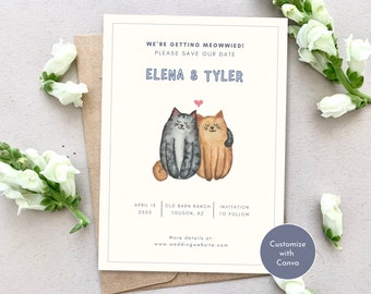 DIGITAL cute cats wedding save the date, Editable Canva wedding save the date template, Downloadable, Printable wedding invite, Watercolor
