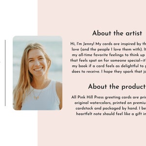 May include: A woman smiles at the camera in a white tank top. The text "About the artist" and "About the product" is visible. The text describes the artist's inspiration for her greeting cards and the materials used to create them.