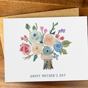 Pretty Mother's Day watercolor flowers card, Minimalist Mother's Day card, Spring bouquet of flowers card for mom, Handmade greeting card