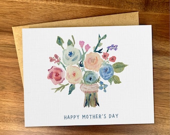 Pretty Mother's Day watercolor flowers card, Minimalist Mother's Day card, Spring bouquet of flowers card for mom, Handmade greeting card