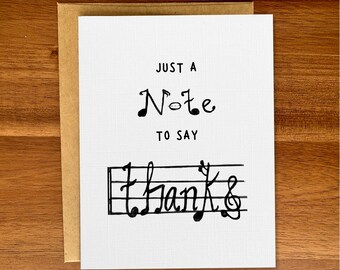 Handmade musical notes thank you card, Just a note to say thanks, Watercolor thank you notecard set, Cute music gift card, Song stationery