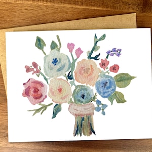 Lindo cartão de flores em aquarela, Cartão de buquê de flores de primavera, Cartão de nota A2 em branco feito à mão, Cartão de agradecimento minimalista, Papelaria de flores
