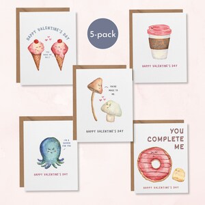 Lindo conjunto de cartões de Dia dos Namorados, pacote com 4 ou 5 cartões aquarela feitos à mão, Pacote original e engraçado de variedades de Dia dos Namorados, Cogumelo de donut de café com sorvete