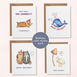 Conjunto de cartões engraçados de feliz aniversário, pacote com 4 cartões de aniversário em aquarela feitos à mão, animais fofos para festa de aniversário, pacote variado de cartões de aniversário