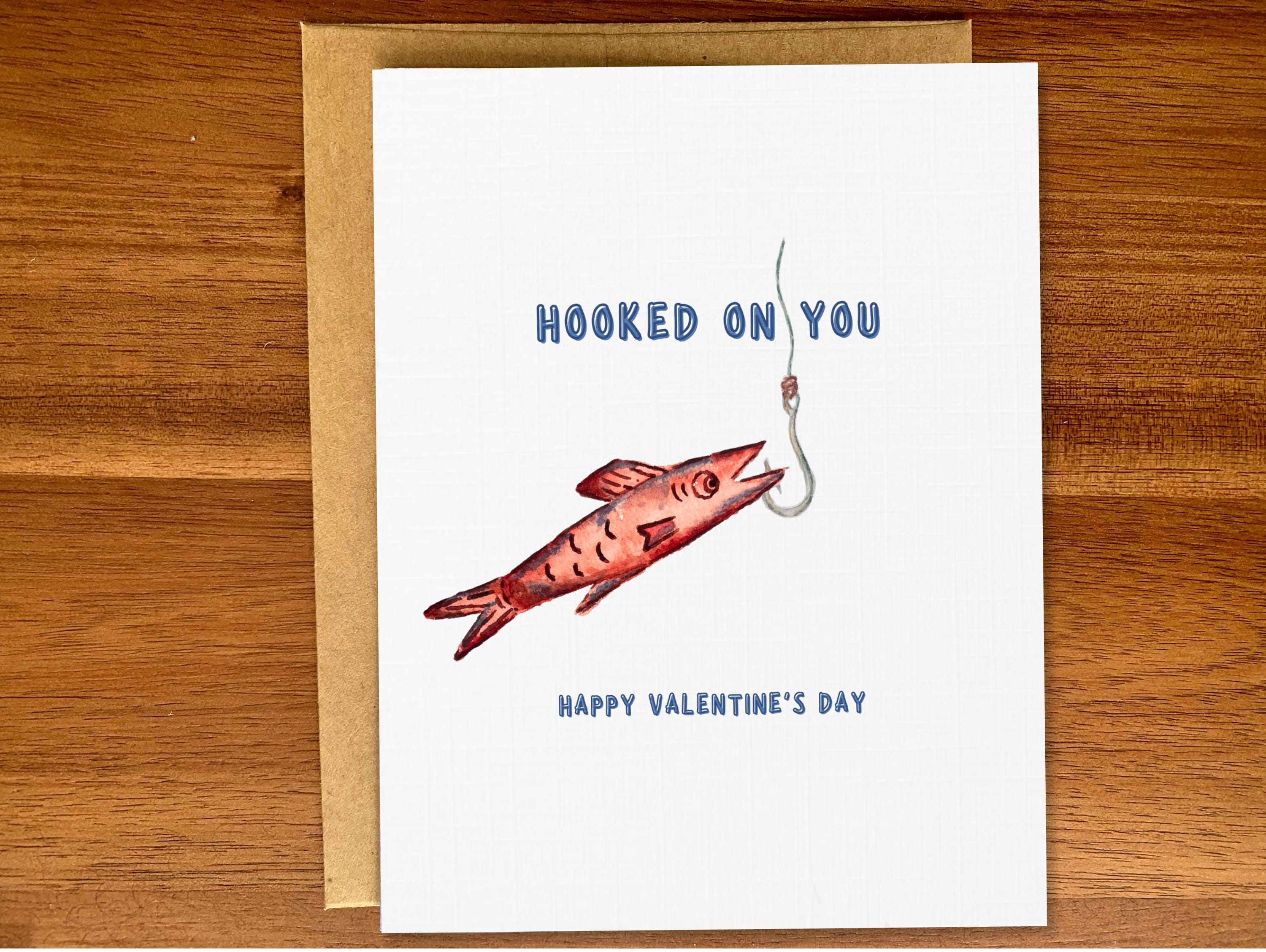 cute fish valentine cards with hook Funny Fish Valentine's Day Card, 'hooked on You' Pun, Handmade Watercolor  Card