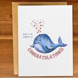 Tarjeta de felicitación hecha a mano con forma de ballena de felicitación, divertida tarjeta de confeti de ballena, linda tarjeta de celebración para boda, graduación, nuevo trabajo, casa, bebé