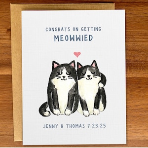 Gepersonaliseerde smoking katten trouwkaart, felicitatiekaart voor kattenliefhebbers, aangepaste handgemaakte verlovings-/trouwkaart, zwarte en witte katten