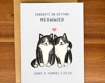 Personalized tuxedo cats wedding card, Congratulations card for cat lovers, Custom handmade engagement / marriage card, Black and white cats