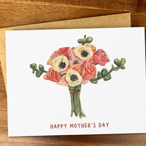 Bonita tarjeta con ramo para el Día de la Madre, Tarjeta de felicitación minimalista hecha a mano para mamá, Tarjeta de regalo de acuarela con flores de primavera (rosas y amapolas), En blanco