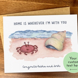 Schattige krab en schelp aquarel trouwkaart, gepersonaliseerde handgemaakte bruiloft felicitatiekaart, aangepaste verlovingsfeestkaart