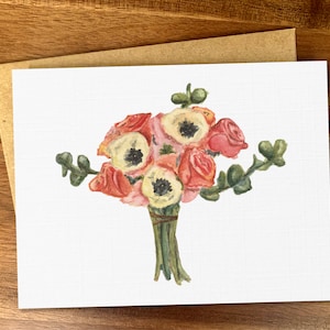 Lindo cartão de flores em aquarela, buquê de flores rosa de primavera, cartão de nota A2 em branco feito à mão, cartão de agradecimento minimalista, conjunto de artigos de papelaria de flores