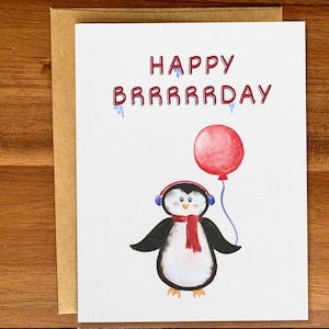 Joli pingouin joyeux anniversaire, carte d'anniversaire drôle avec animal, pingouin de fête avec ballon rouge, carte d'anniversaire aquarelle vierge faite main, jeu de mots pingouin
