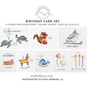 May include: A set of eight birthday cards with envelopes. Each card features a whimsical watercolor illustration of animals and objects, including a turtle, squirrel, bird, and piñata. The cards are A2 size, 4.25 x 5.5 inches.