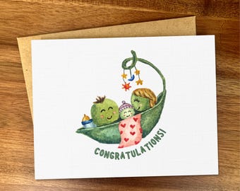 Söta ärtor-kort för nyblivna föräldrar, Tre ärtor i en balja-presentkort för babyshower, Handgjort könsneutralt babykort, Grattiskort till nyblivna föräldrar