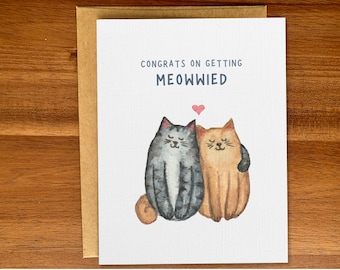 Carte de mariage de chats mignons, carte de fiançailles / mariage de félicitations pour les amoureux des chats, carte aquarelle faite main, texte personnalisé personnalisé, blanc