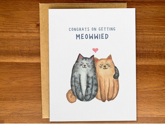 Cute cats wedding card, Congratulations engagement / marriage card for cat lovers, Handmade watercolor card, Personalized custom text, Blank