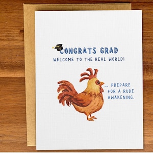 Carte de remise des diplômes coq pleine d'esprit, carte aquarelle faite main sarcastique pour diplômé du secondaire/collégial, cadeau de remise des diplômes