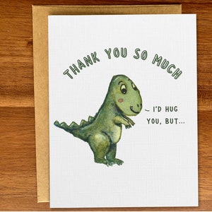 Grappige bedankkaart dinosaurus T-rex, handgemaakte aquarel bedankbriefje, tyrannosaurus woordspeling op wapens, schattig bedankbriefje, blanco binnenkant