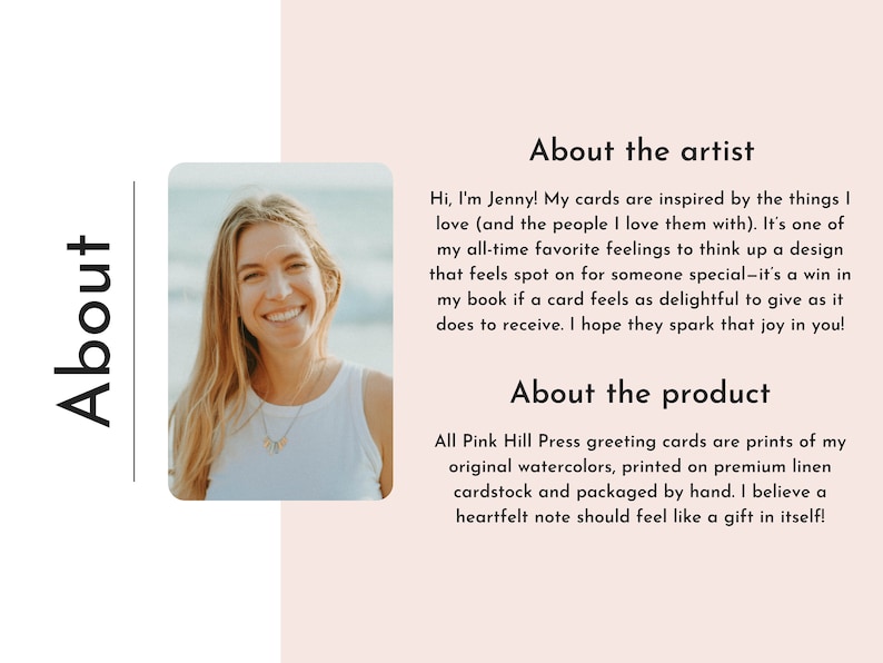 May include: A woman smiles at the camera in a white tank top. The text "About the artist" and "About the product" is visible. The text describes the artist's inspiration for her greeting cards and the materials used to create them.