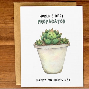 Cartão fofo de planta suculenta para o Dia das Mães, Cartão engraçado feito à mão para a mãe da planta, Trocadilho com a melhor mãe do mundo, Cartão em aquarela, Mãe jardineira com polegar verde