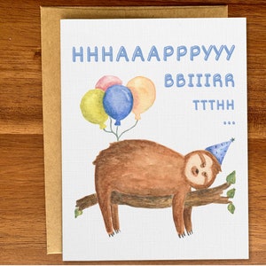 Lustige Geburtstagskarte mit Faultier, süße Partytier Geburtstagskarte, handgemachte leere Aquarellkarte, Ballons + schlafendes Faultier Wortspiel