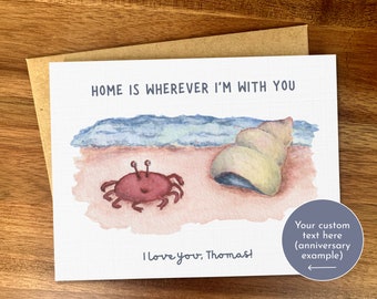 Sweet handmade custom anniversary card, Illustrated watercolor crab and shell beach theme card, Personalized anniversary card