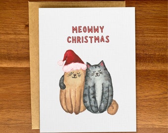 Cute cats Christmas card, Funny Merry Christmas pun for cat lovers, Handmade watercolor card, Custom holiday card set, Nonreligious xmas