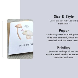 May include: A watercolour illustration of two mushrooms with faces on a white cardstock card. The card is A2 size (4.25 inches by 5.5 inches) and has the text "You're magic to me" and "Happy Birthday" on it.