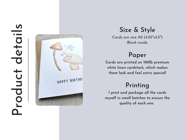 May include: A watercolour illustration of two mushrooms with faces on a white cardstock card. The card is A2 size (4.25 inches by 5.5 inches) and has the text "You're magic to me" and "Happy Birthday" on it.