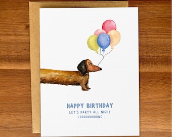 Happy birthday dachshund card, Cute handmade wiener dog birthday card, Illustrated watercolor sausage dog, Personalized custom text, Blank