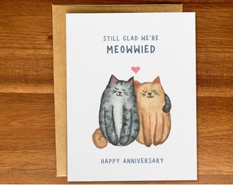 Cute cats anniversary card, Personalized custom anniversary card for him or her, Handmade watercolor cats card, Sweet card for cat lover