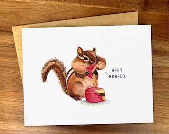 Linda tarjeta de cumpleaños de ardilla en acuarela, divertida tarjeta de feliz cumpleaños hecha a mano, tarjeta de cumpleaños de animales, regalo de cumpleaños de animales del bosque, interior en blanco