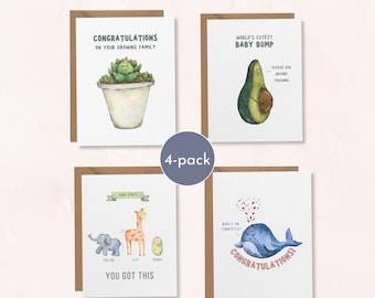 Cute baby shower greeting card set, New baby cards variety pack, Handmade watercolor cards for new + expecting moms, Funny pregnancy cards