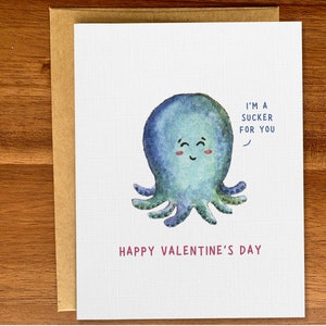 Blaue Krake Valentinstag Karte, süsse Meerestier handgemachte Grußkarte, Lustige Meerestier Aquarell Vday Karte für Sie, für Ihn, Karte