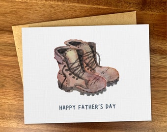 Sweet handmade Father&#39;s Day card, Cute hiking boots watercolor, Outdoor nature dad, Happy Father&#39;s Day gift, Blank minimalist card for dad