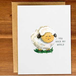 Niedliche Schaf Grußkarte, 'You rock my world' Wortspiel, handgemachte Aquarell Karte, minimale All-Occasion-Karte, innen leer