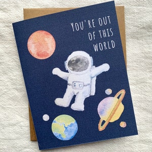 Handmade watercolor outerspace card, Astronaut and planets, Out of this world, Custom space birthday gift card for kid, Cute card for friend