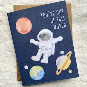 Handmade watercolor outerspace card, Astronaut and planets, Out of this world, Custom space birthday gift card for kid, Cute card for friend