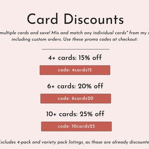 May include: A pink and white graphic with the text "Card Discounts" and details on discounts for buying multiple cards. The text includes "4+ cards: 15% off, code: 4cards15", "6+ cards: 20% off, code: 6cards20", and "10+ cards: 25% off, code: 10cards25".