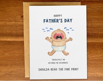 Funny Father&#39;s Day card for new dad, Cute first Father&#39;s Day handmade card, Crying baby watercolor, Terrible two toddler, Joke card for dad