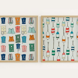 Gravuras de Boias Náuticas e Coletes Salva-vidas | Arte Vintage de Casa de Lago (Conjunto de 2) (Download Digital)