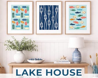 Lake House Art Prints Set – Nautical Knots, Fish, Boat Keys (Digital Download)