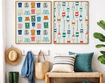 Lake House Prints Set | Buoy & Life Jacket Nautical Art (Digital Download)