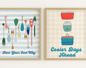 Retro Lake Life Wall Art Bundle | Row Your Own Way & Cooler Days Ahead | Digital Download Prints for Summer Cabin, Coastal Decor