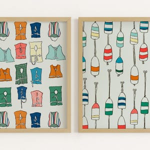 Colorful Lake Life Wall Art Set | Nautical Buoy & Life Jacket Prints | Rustic Lake House Decor | Vintage Costal Cabin Art | Set of 2 Prints